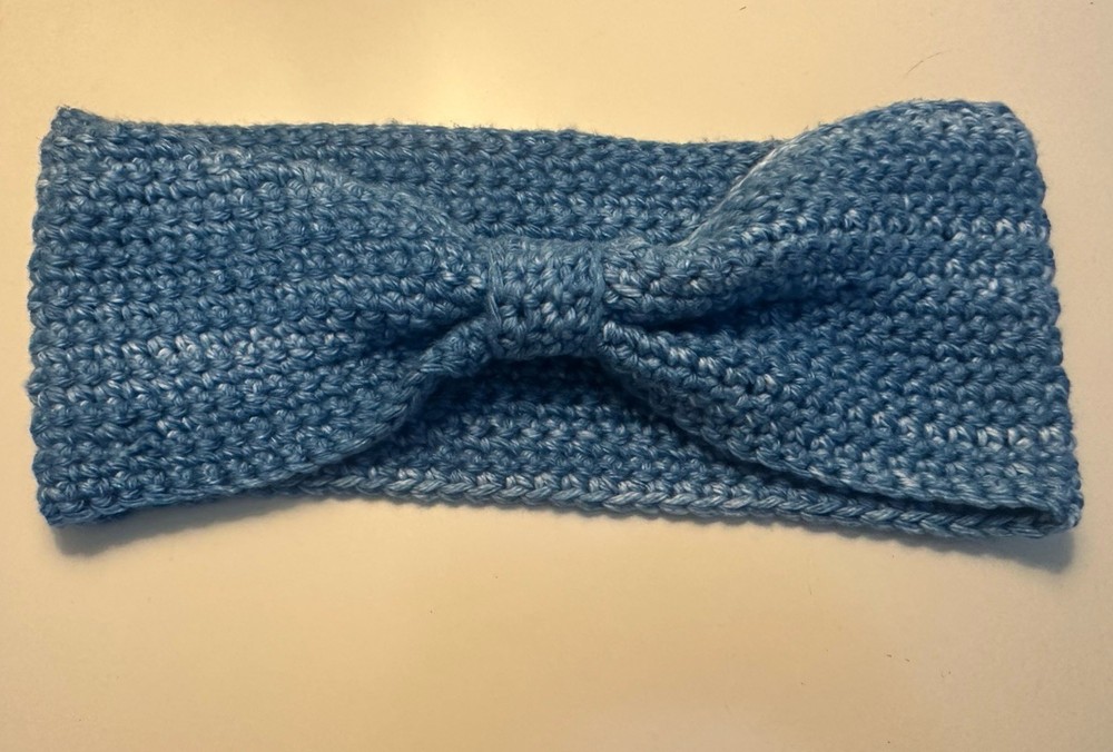 Handmade Denim Blue Bow Crochet Headband/ Ear warmer