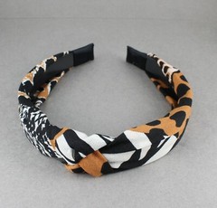 Brown Black White turban knot head band fabric covered grip teeth animal print