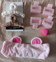 Sherpa Jaw Hair Clips Tan White Pink Makeup Teardrop Sponge Fleece Headband Lot