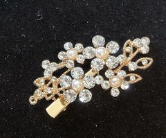 Gold Tone Floral Barrette Hair Clip with Faux Pearls & Rhinestones 3.5” x 2”