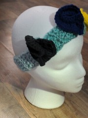 Handmade Crochet Headband, Blue With 3 Heart Roses, 100% Acrylic, Infant