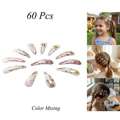 Mixed Color Teardrop Printed Snap Hair Barrettes 60Pcs Iron Alloy Hair Clips