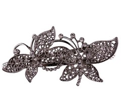 Silver Tone Rhinestone Butterfly Hair Clip Elegant Floral Filigree Design