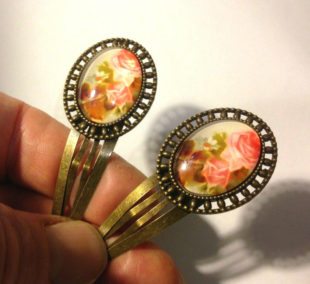 2 pcs – Antiqued Bronze Oval Bezel Hair Clips & Pink Roses Cabochons 25x18mm