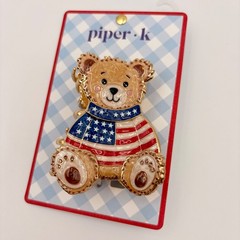Piper K Teddy Bear American Flag Hair Claw Clip Gold Tone Enamel Patriotic USA