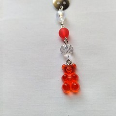 Red Orange Bear Hair Clip Barrette Bead Linear Dangle Handmade Accessory