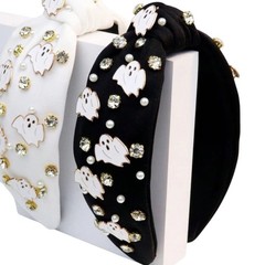 Halloween Ghost Rhinestone Pearl Black White Spooky Season Glam Headband