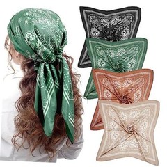 4 Pcs 27” Square Satin Bandanas for Women, Paisley Green, Black, Brown, Camel