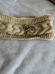 Women’s Cable Knit Headband Ear Warmer, Pink & Gold Tone Flower Heart Brooch