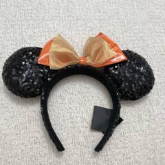 Minnie Mouse Black Sequin Mouse Ear Headband w/ Orange Bow, Halloween One Size