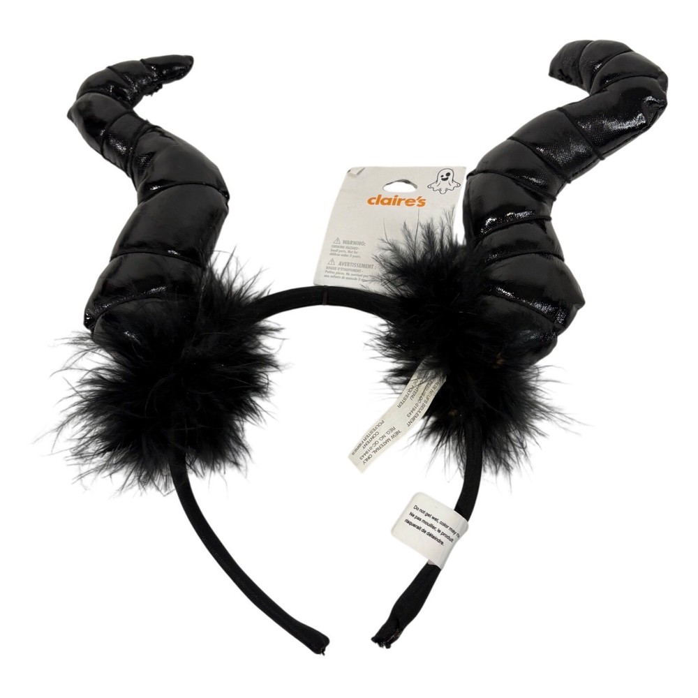 Claire’s Black Devil Horns Headband Faux Leather Feather Trim Costume Accessory