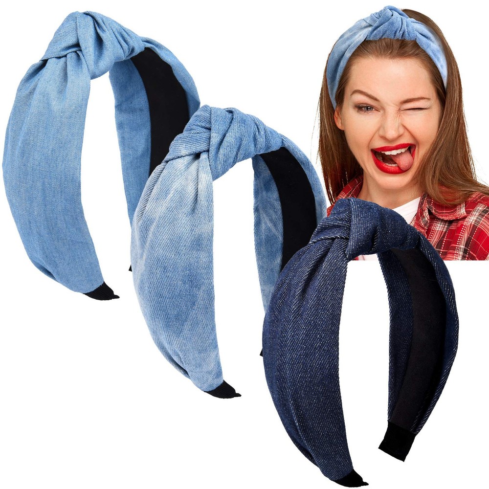 3 Pieces Jean Denim Headband Knot Headband For Women Hair Band Elastic Knotted B
