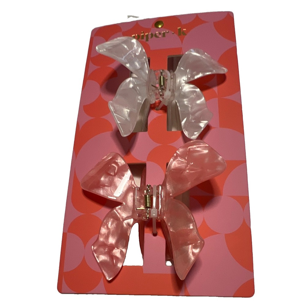 Piper K Bow Claw Hair Clips Set of 2 Pink & Clear Solid Plastic