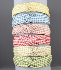 Blue White gingham turban knot twist headband plaid fabric covered ban