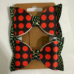Lot of 2 Black Polka Dot Bow Hair Clips w/ Alligator Clips Fabric/Metal