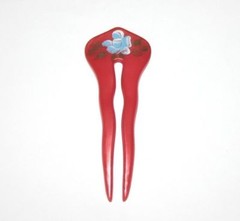 Women Hair Pick Fork Stick Double Pin Two Prong Rose Paint Flower Made in France