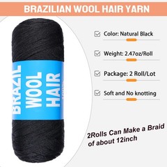 RuiYok 2 Pcs Natural Black Brazilian Wool Hair for Braids Acrylic 2Roll, #1B