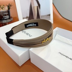 YSL Saint Laurent Beige Pleated Fabric Logo Headband for Women