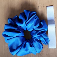 Blue Satin XL Scrunchie Handmade with Wide Elastic & Hidden Seams