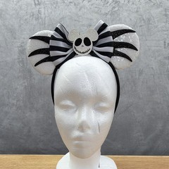 Black & White Sequin Mouse Ears Headband w/ Striped Bow, Jack Skellington