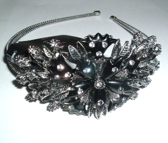 Smoky Rhinestone Black Glass Floral Silver Metal Headband NWT