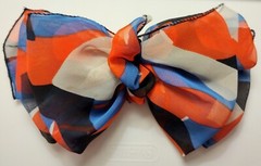 Large Hair Barrette with Flowy Fabric Bow. Dark Blue, light blue, white, and red