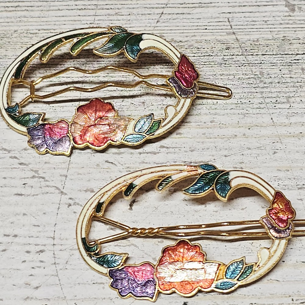 Vintage Floral Cloisonne Gold Tone Hair Barrette Enamel Barette Taiwan