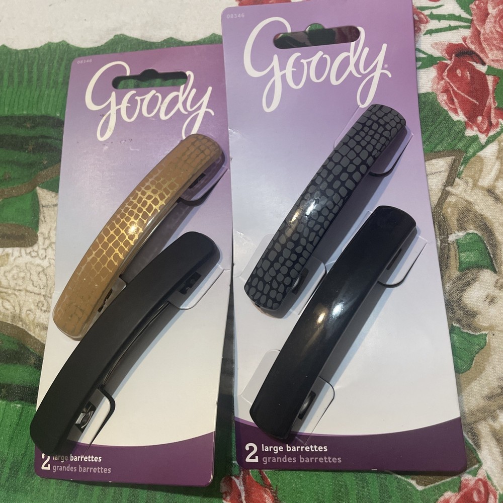 2~Goody Auto Clasp Hair Barrette Large 3” Gold Grey Design Solid Black NIP 2CT