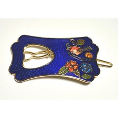 Vintage Blue Guilloche Enamel Bird Floral Hair Slide Gold Tone Bobby Pin Clip