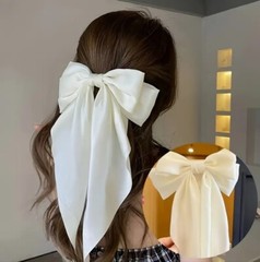 White Satin Stylish Bow with Big Ribbon Hair Clip All Hair Types Non Slip