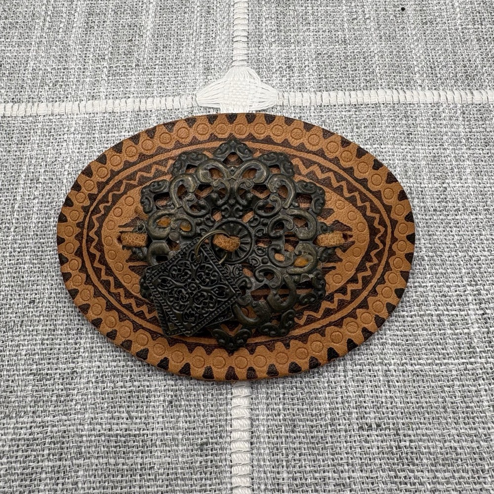 Vintage Boho Tooled Leather Barrette Hair Clip Filigree Metal Accent Taiwan