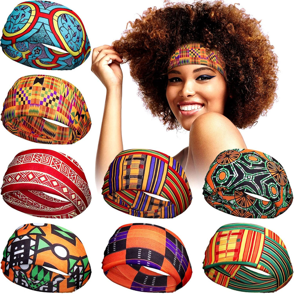 WILLBOND 8 Pcs Wide African Headband for Women Stretchy Boho Print Hairband Non