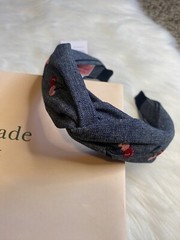 Kate Spade Red Cherry Embroidered Denim Blue Jean Twisted Headband Hairband