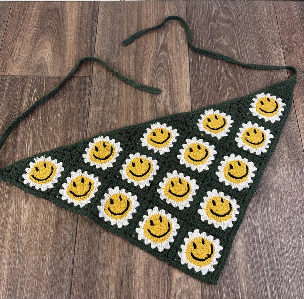 Green Yellow & White Crochet Smiley Face Granny Square Handkerchief Head Scarf