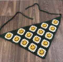 Green Yellow & White Crochet Smiley Face Granny Square Handkerchief Head Scarf