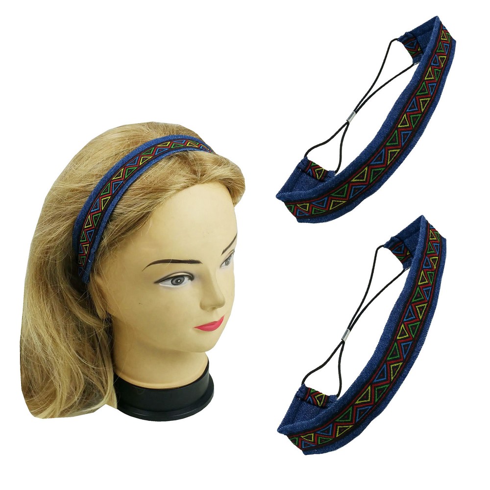 2 Pieces Women Girl Tribal Jean Headwrap Headband w/Elastic 1.1″ Width Accessory