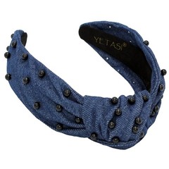 Blue Denim Knotted Headband Black Pearl Top Knot Dark Blue Jean Fashion