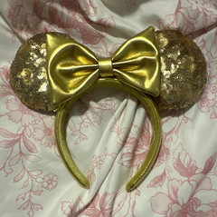 Gold Sequin Mouse Ear Headband w/ Bow, Solid Cartoon Party Costume Accessory