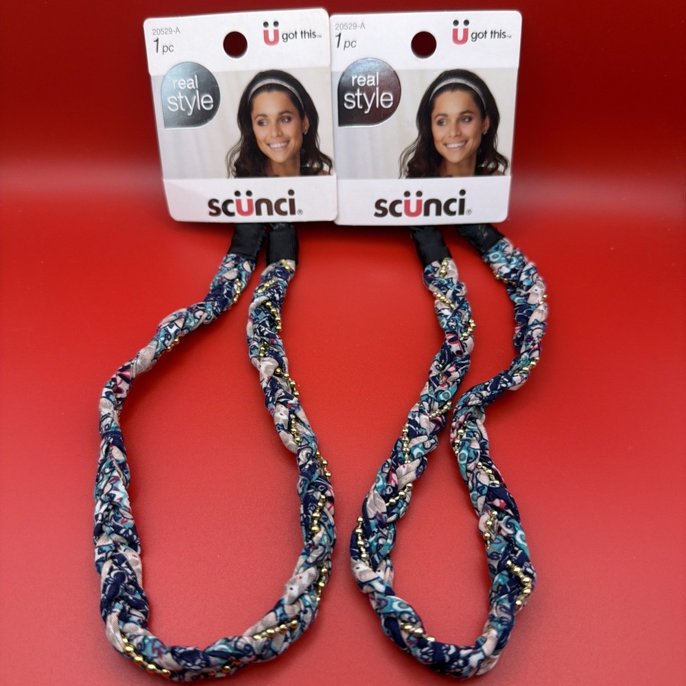 2-PK Scunci Beaded Headwrap Blue Gold Metallic Beads Hair Wrap Style 20529-5