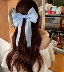 Light Blue Organza Stylish Bow with Big Ribbon Hair Clip All Hair Types Non Slip