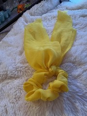 Yellow Solid Fabric Stretch Bow Scrunchie Hair Tie with Attached Scarf Tails