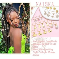 156Pcs Pink Crystal Dreadlocks Jewelry, Gold Hair Cuffs & Rings, Braids Decor