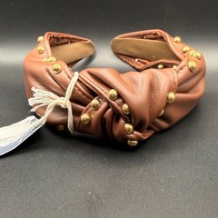 Brown Faux Leather Knotted Headband Gold Studded Detail Cognac Hair Accessory