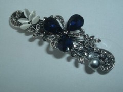 BLUE GLASS GEM FLOWER & RHINESTONE METAL HAIR BARRETTE UP DO HAIR ACCESSORY