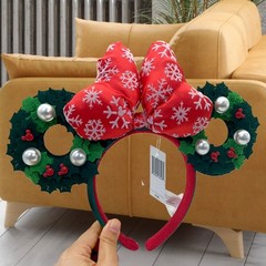 Disney` Parks Holiday Wreath Bow Red Green Mickey Mouse Ears Christmas Headband