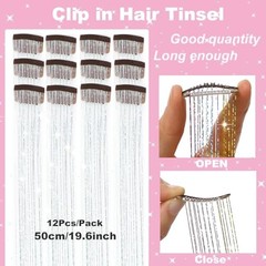 Hair Tinsel Pack of 12 Pcs Clip in Hair Tinsel 1 Count (Pack of 12) Silver