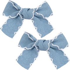 2pcs Bow Denim Hair Clips for Women, Vintage Bow Light Blue-2pcs-Lace Edges