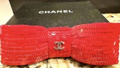 NEW Chanel 2008 Sequin Red Vintage Hair Bow Barrette Clip Dress Pin 34 36 38 40