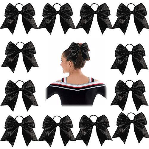 12PCS 7″ Large Glitter Cheer Hair Bows Ponytail 1 Count (Pack of 12) Black