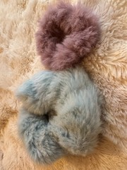 Set of 2 Blue & purple Faux Fur Round Scrunchie Hair Ties for Women Teens Casual